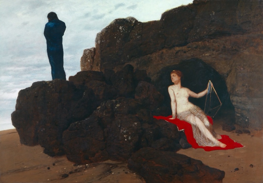 Böcklin painting: a dark-cloaked Odysseus standing on a rock with his back turned, facing the open sea, and Calypso seated on a red cloth at the mouth of a cave with a lyre
