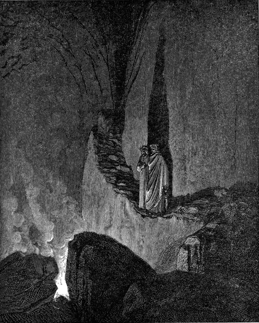 Doré engraving: Dante and Virgil standing on a dark ridge above a chasm lit by flames