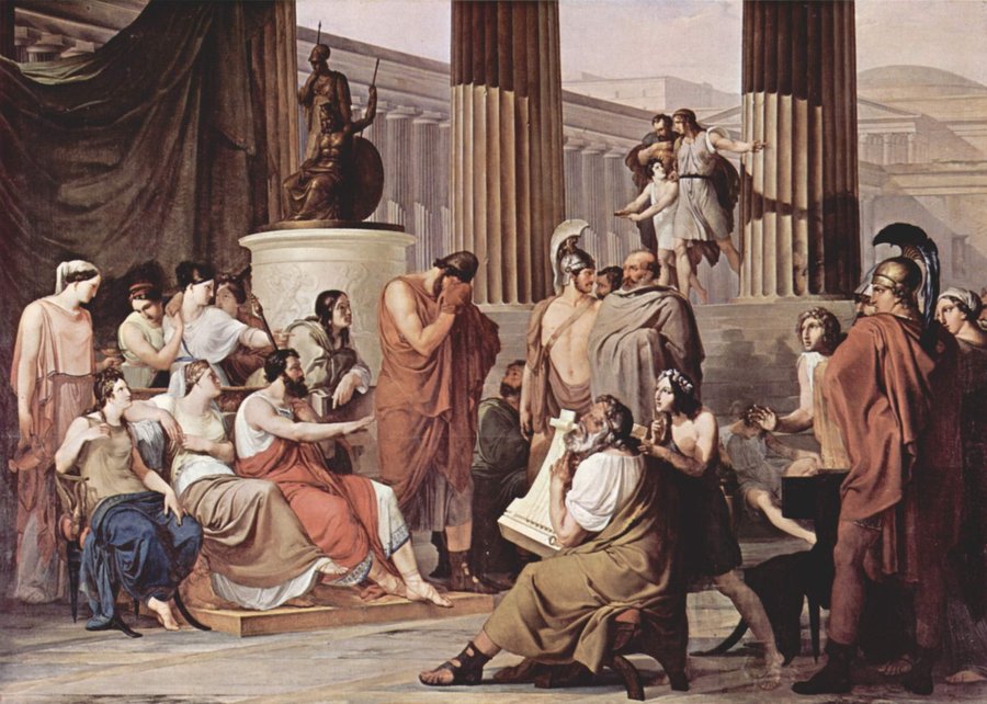 Hayez painting: a crowded classical hall where a blind bard plays a lyre and a standing figure covers his face with his hand
