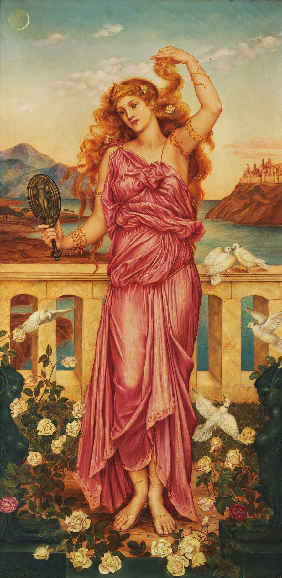 De Morgan painting: a full-length Helen with red-gold hair in a rose-coloured robe, holding a hand mirror, with doves, roses and a walled city on the headland behind her