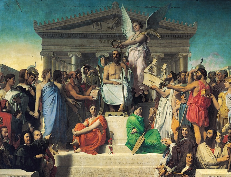 Ingres painting: Homer enthroned before a temple, crowned by a winged Victory, with two seated allegorical women at his feet and a symmetrical crowd of poets and philosophers