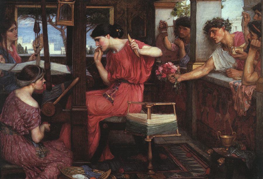 Waterhouse painting: Penelope at her loom with her back turned to the suitors, who lean in at the window offering gifts