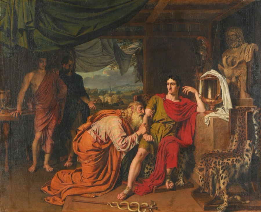 Ivanov painting: the aged Priam kneeling in a tent, pressing his lips to the hand of a seated Achilles in a red cloak