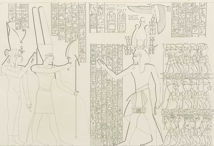 Lepsius engraving: Ramses III raising his arm before the god Amun, with three registers of bound captives in distinctive headdresses at the right
