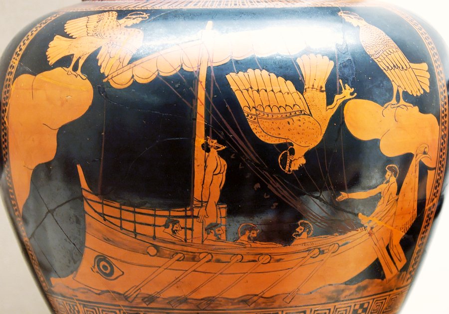Attic red-figure vase: Odysseus bound to the mast of his ship while his oarsmen row, with bird-bodied Sirens above, one of them falling headlong