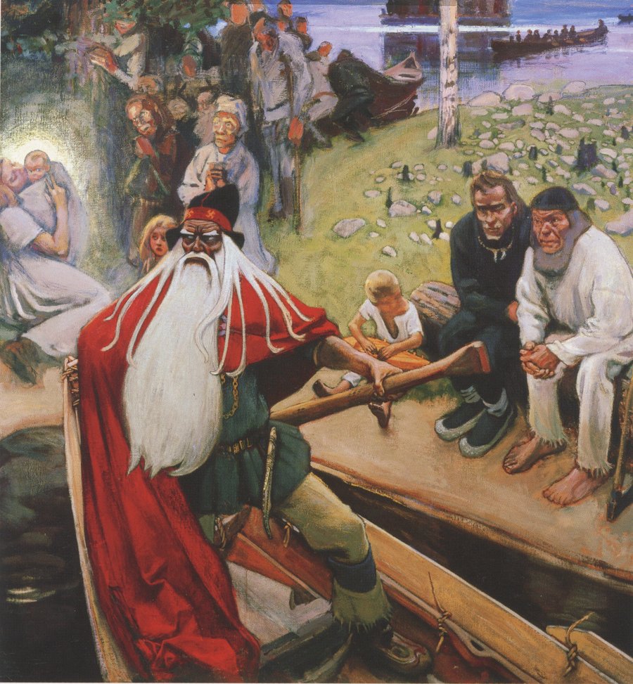 Gallen-Kallela painting: the white-bearded Väinämöinen in a red cloak seated in his boat, watched from the shore, with a haloed child at the left